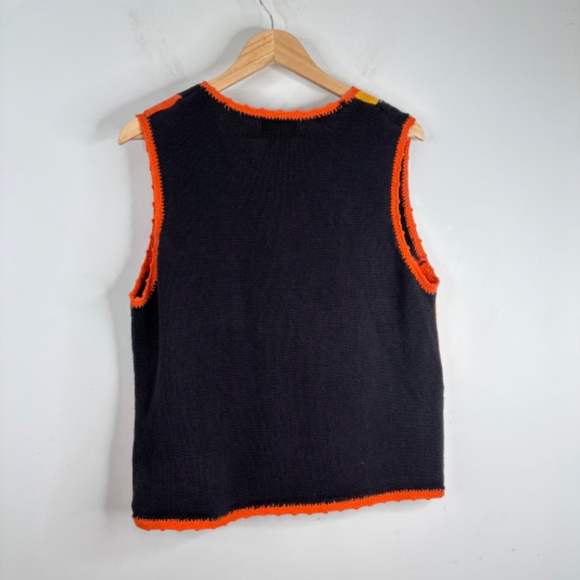 VTG 90s Halloween Sweater Vest L Patchwork Embroidery Orange Witch Hat Black Cat - Picture 6 of 10